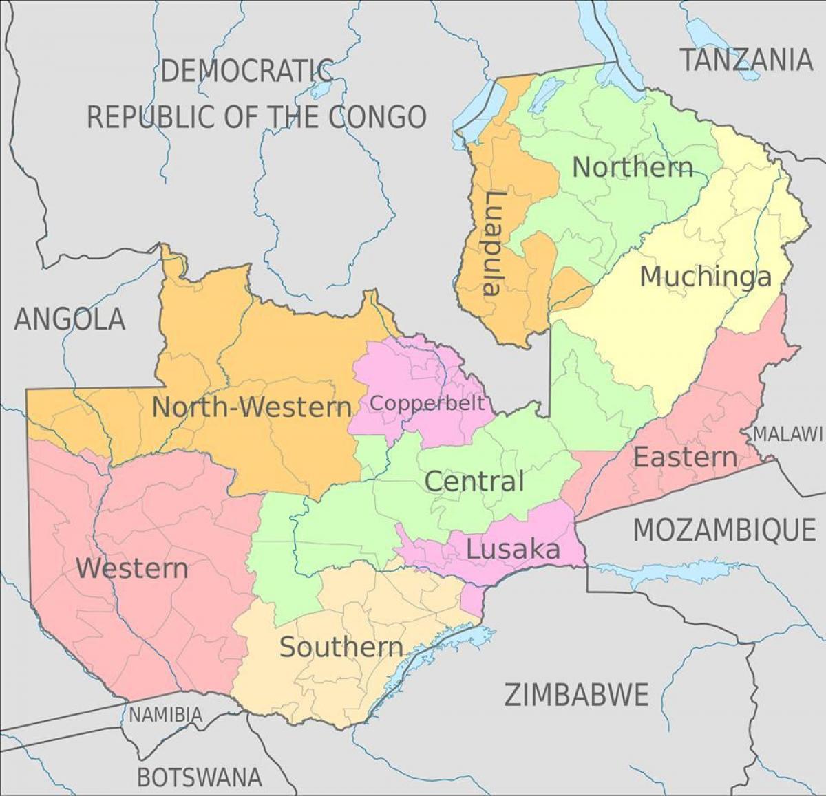 地図のザンビアを示す10の州