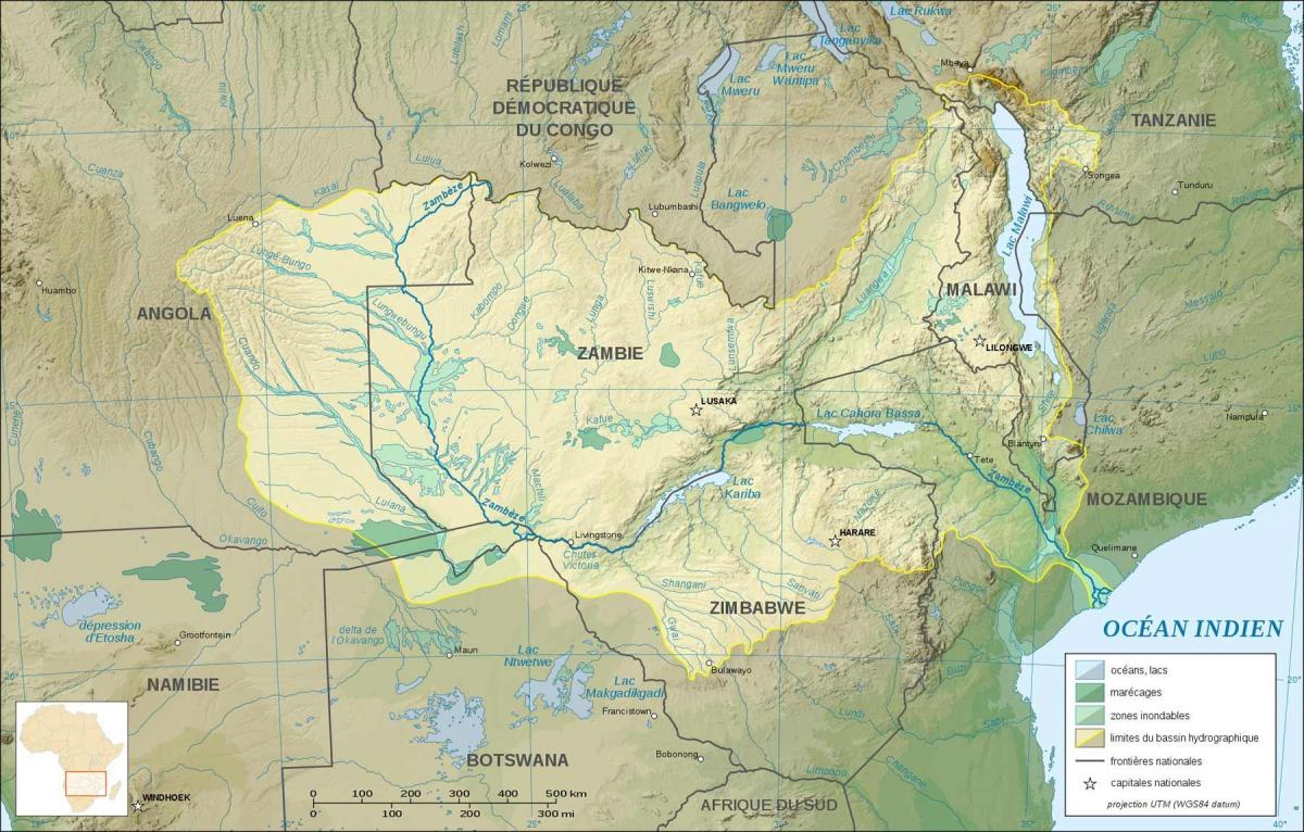 地図のザンビアを示す河川や湖沼