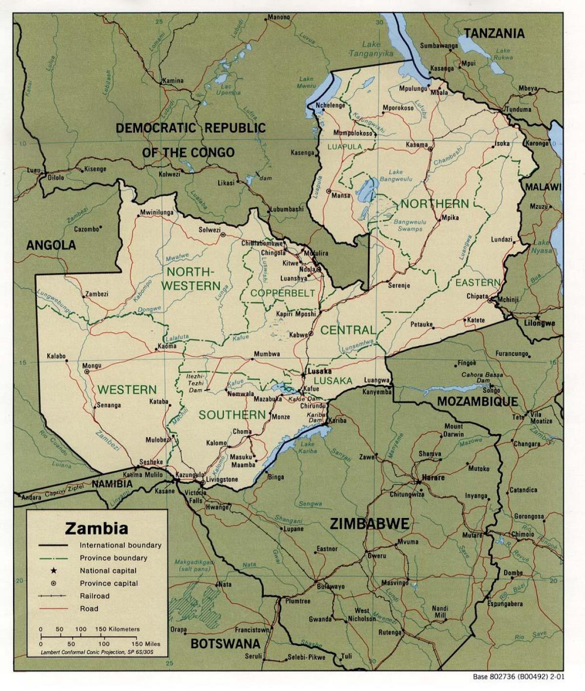 ザンビアの物理的特徴地図